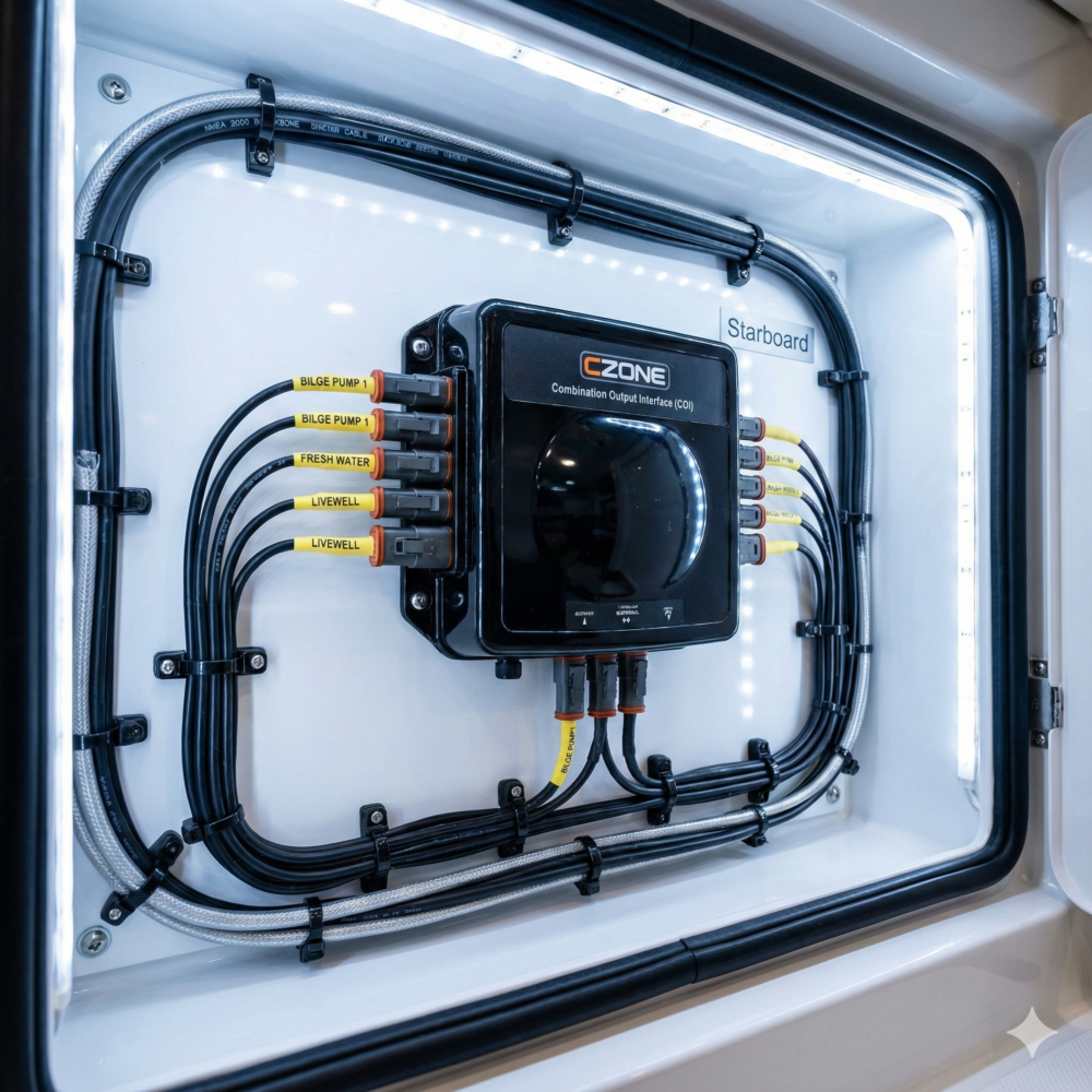 Professional CZone COI digital switching installation with aviation-grade marine wiring and waterproof Deutsch connectors.