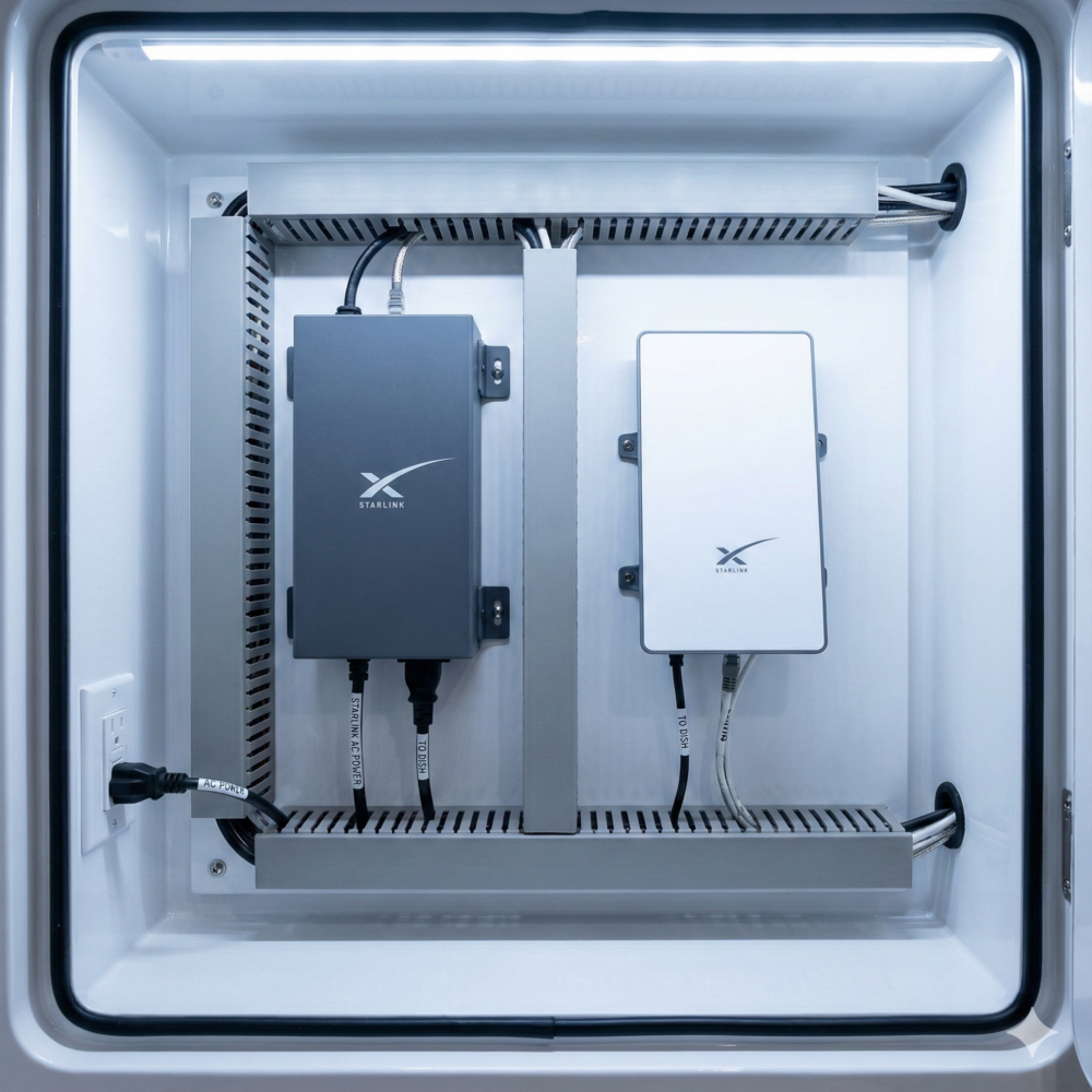 Close-up of a Scanstrut watertight cable seal for a Starlink data cable deck penetration.