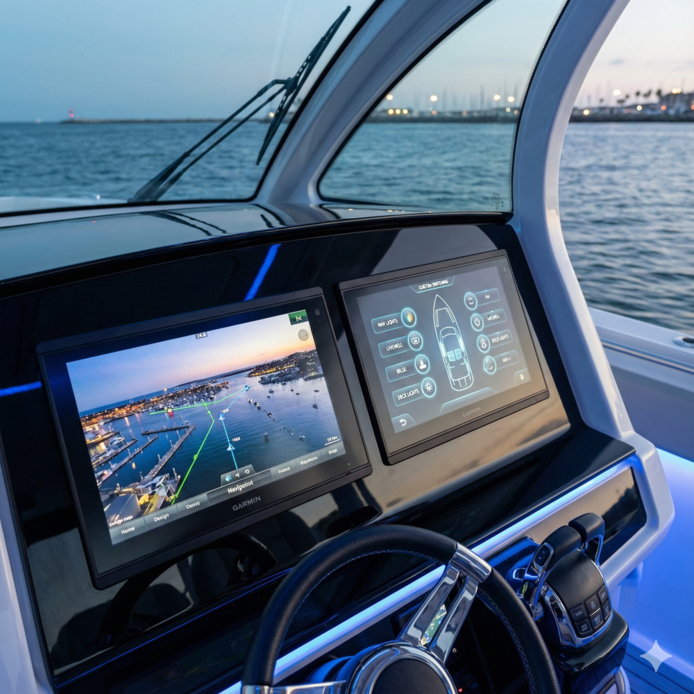 Custom marine glass helm upgrade featuring dual Garmin multifunction displays and digital switching interface.