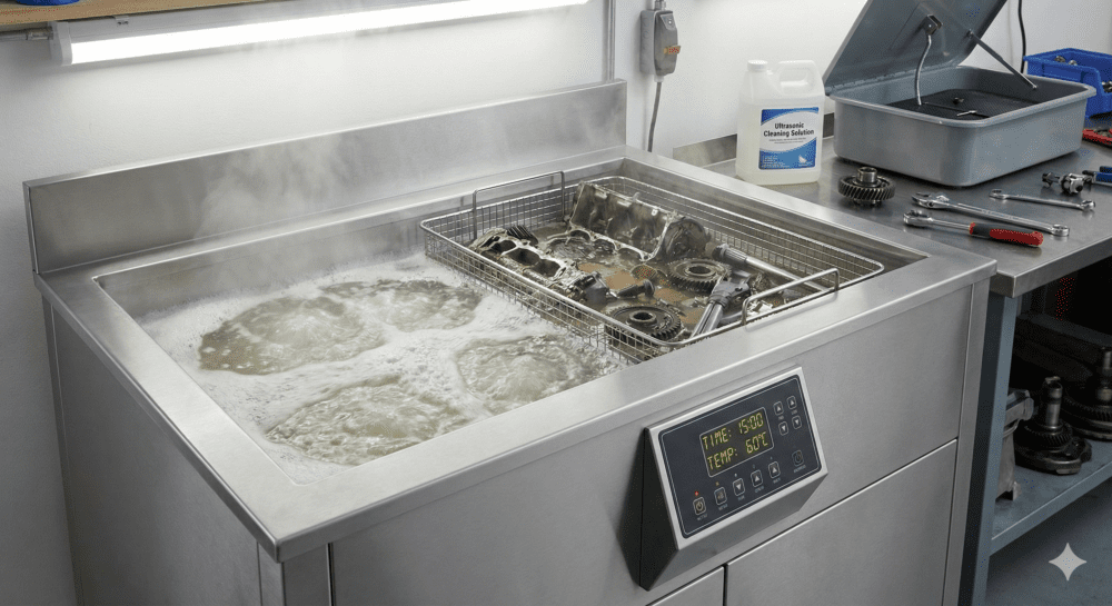 Industrial ultrasonic cleaning tank removing varnish, salt, and carbon buildup from disassembled marine carburetor parts during a boat fuel system repair service.