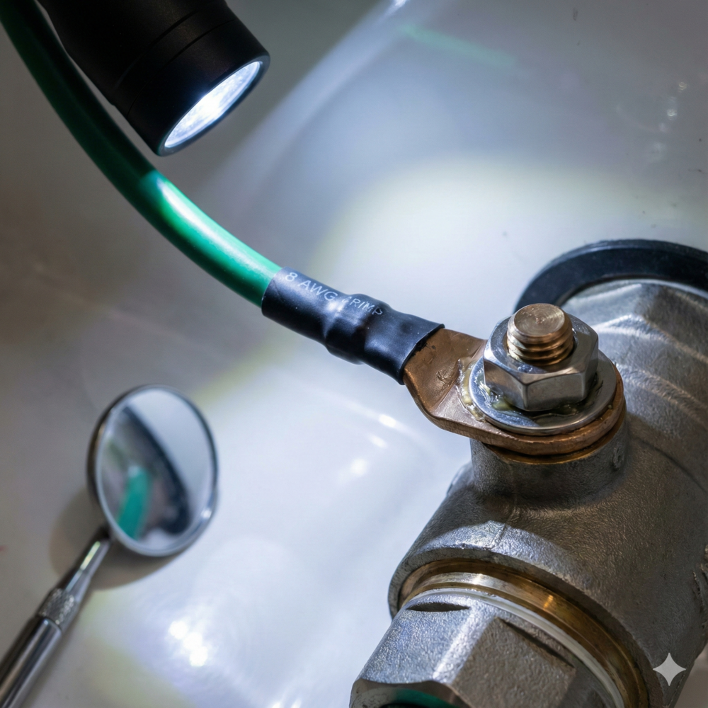 Close-up inspection of a corrosion-free marine bonding wire connected to a bronze seacock thru-hull fitting with proper crimping and heat shrink.