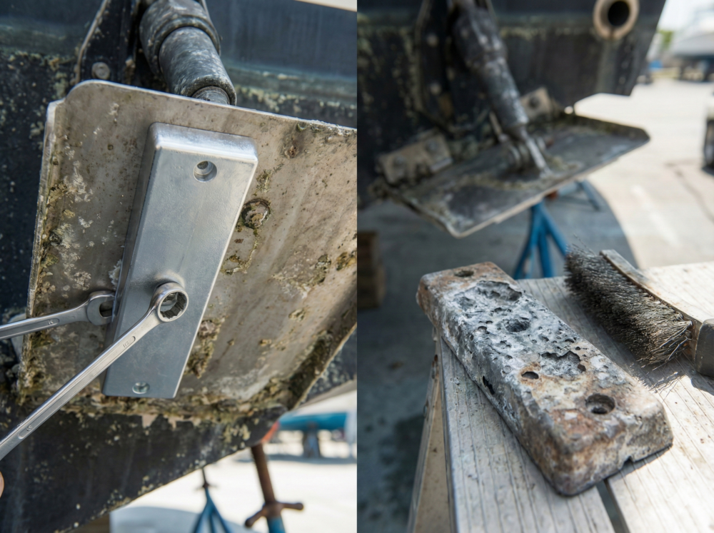 Marine technician installing a new sacrificial zinc anode on a boat transom to prevent galvanic corrosion and electrolysis damage.