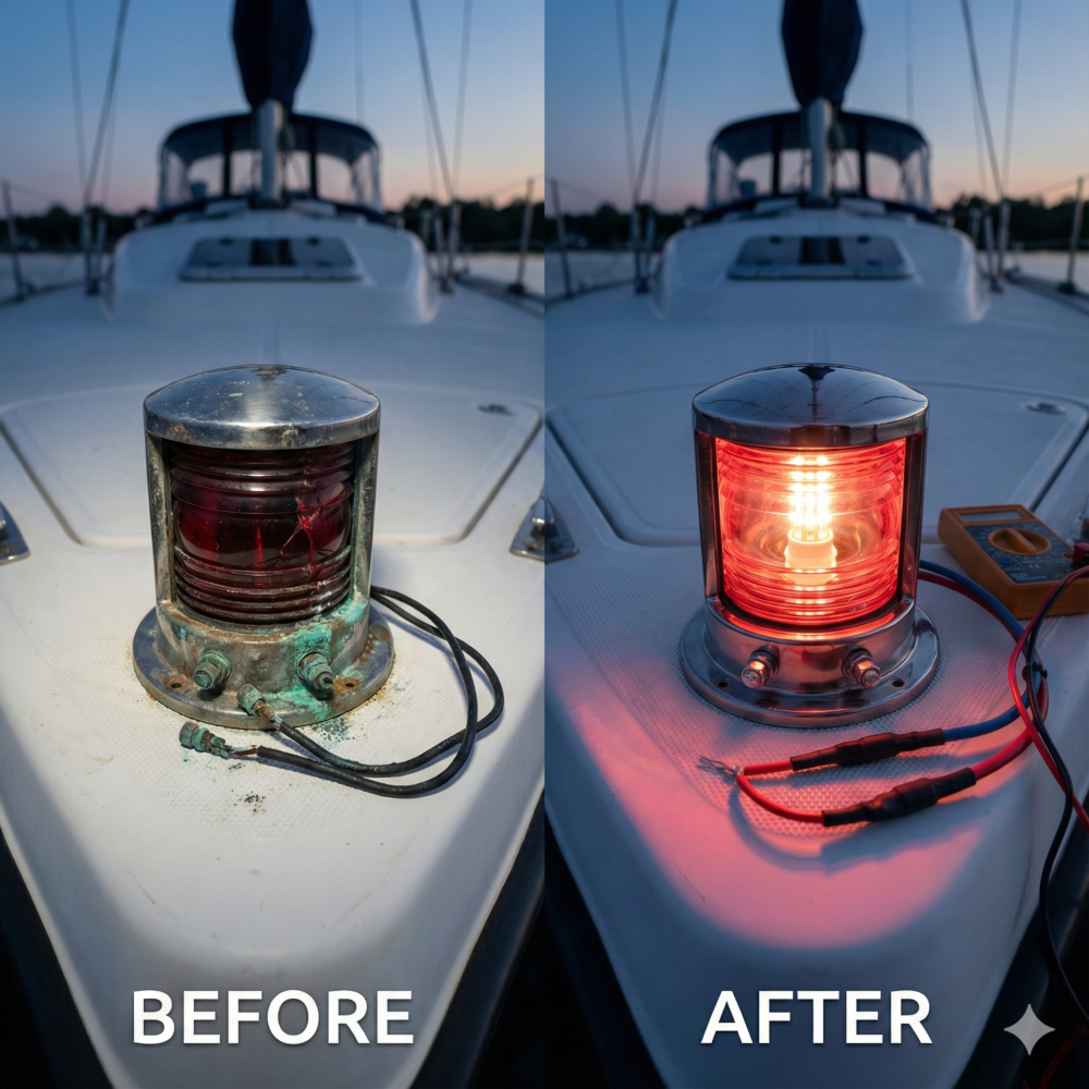 Marine technician using a Fluke multimeter to test voltage on a stainless steel LED bicolor bow navigation light during troubleshooting.