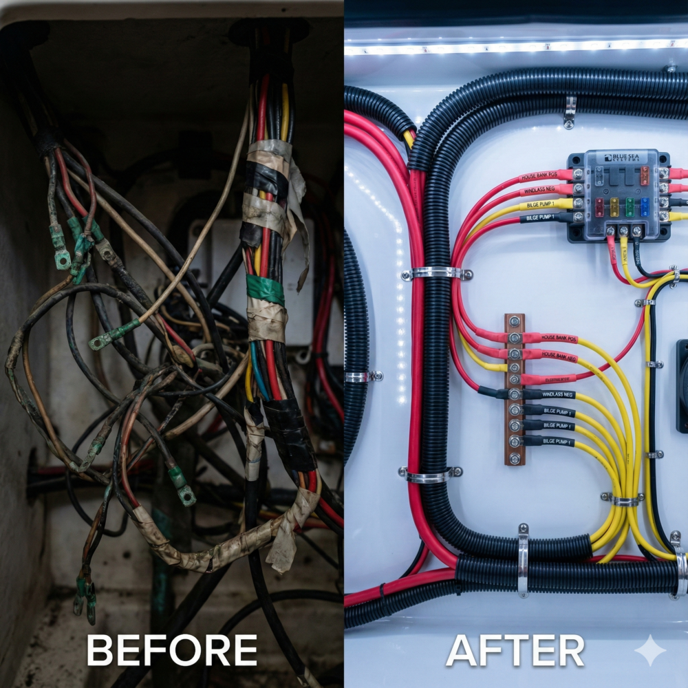 Split-screen image demonstrating the results of a professional boat rewiring service, contrasting a chaotic jumble of old wires with a perfectly organized and secured electrical panel.