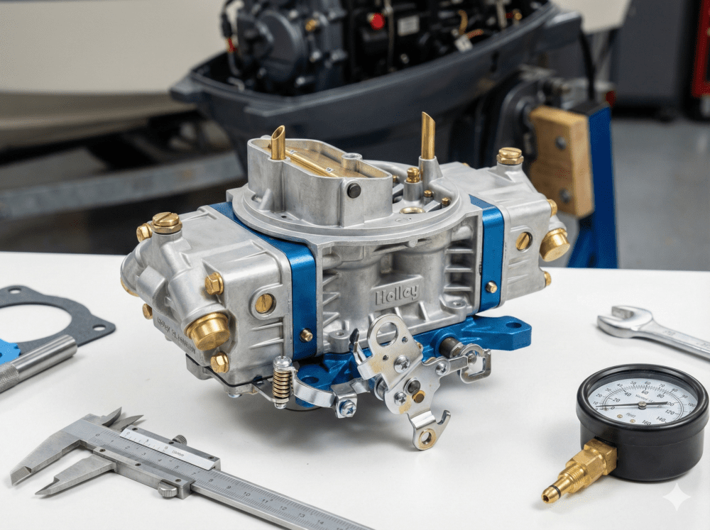 Close-up of a technician carefully measuring and adjusting the brass float drop setting on a rebuilt marine carburetor to restore optimal engine performance and prevent flooding.