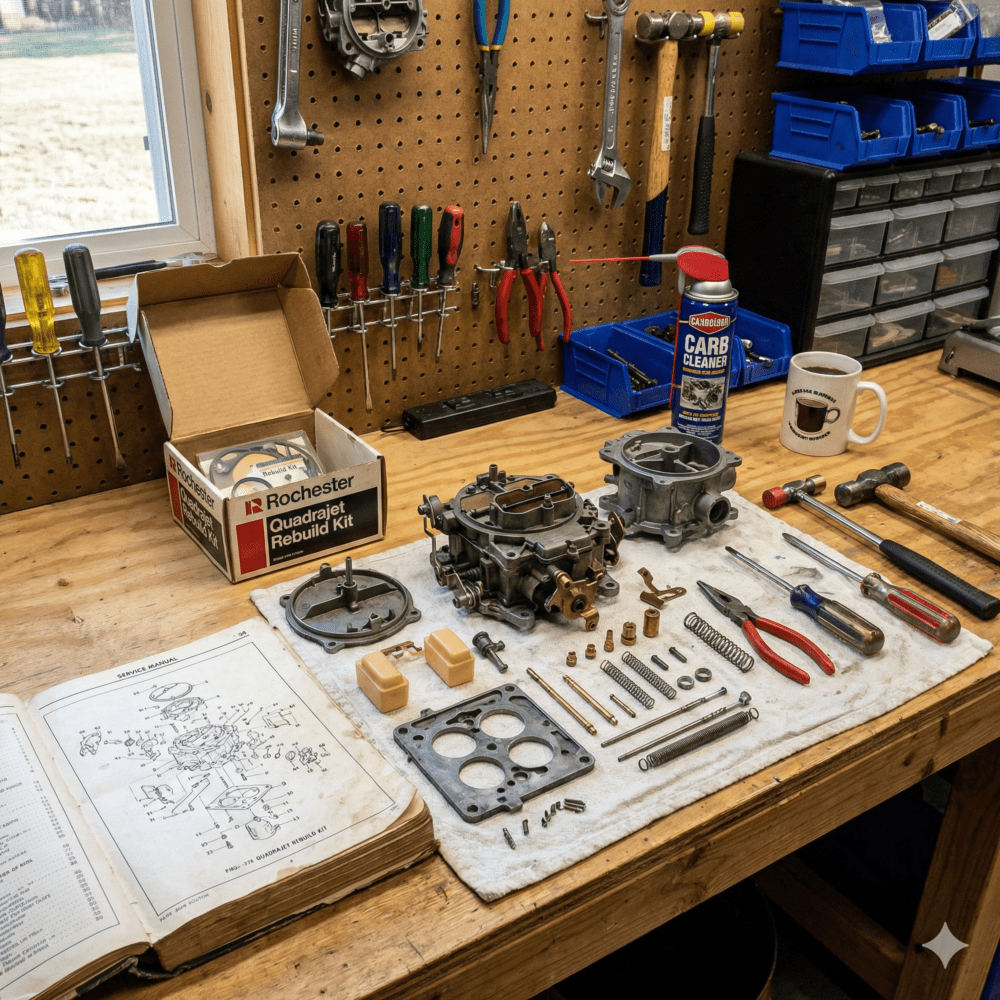 A comparison showing the results of a professional boat carburetor rebuild service. The 'Before' side is dirty and clogged, while the 'After' side is restored to like-new condition and bench-tuned.
