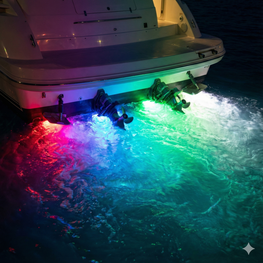 Night photograph of a boat with a custom underwater lighting upgrade, demonstrating the full color spectrum of an RGBW color-changing light system.