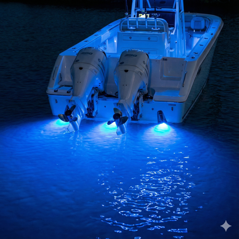 Luxury boat transom at night illuminated by high-intensity blue underwater LED lights, showing a custom installation of Lumitec or OceanLED fixtures.