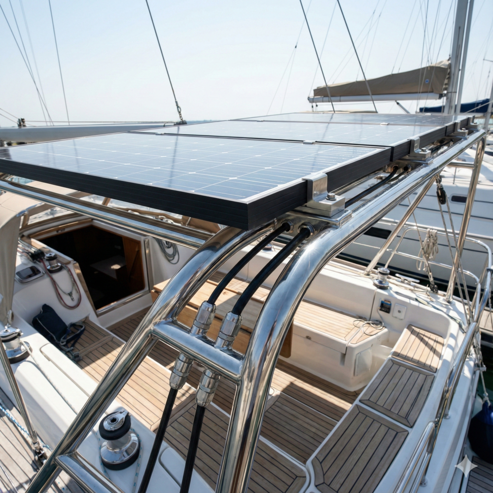 Custom polished stainless steel stern arch supporting three rigid solar panels on a cruising sailboat.