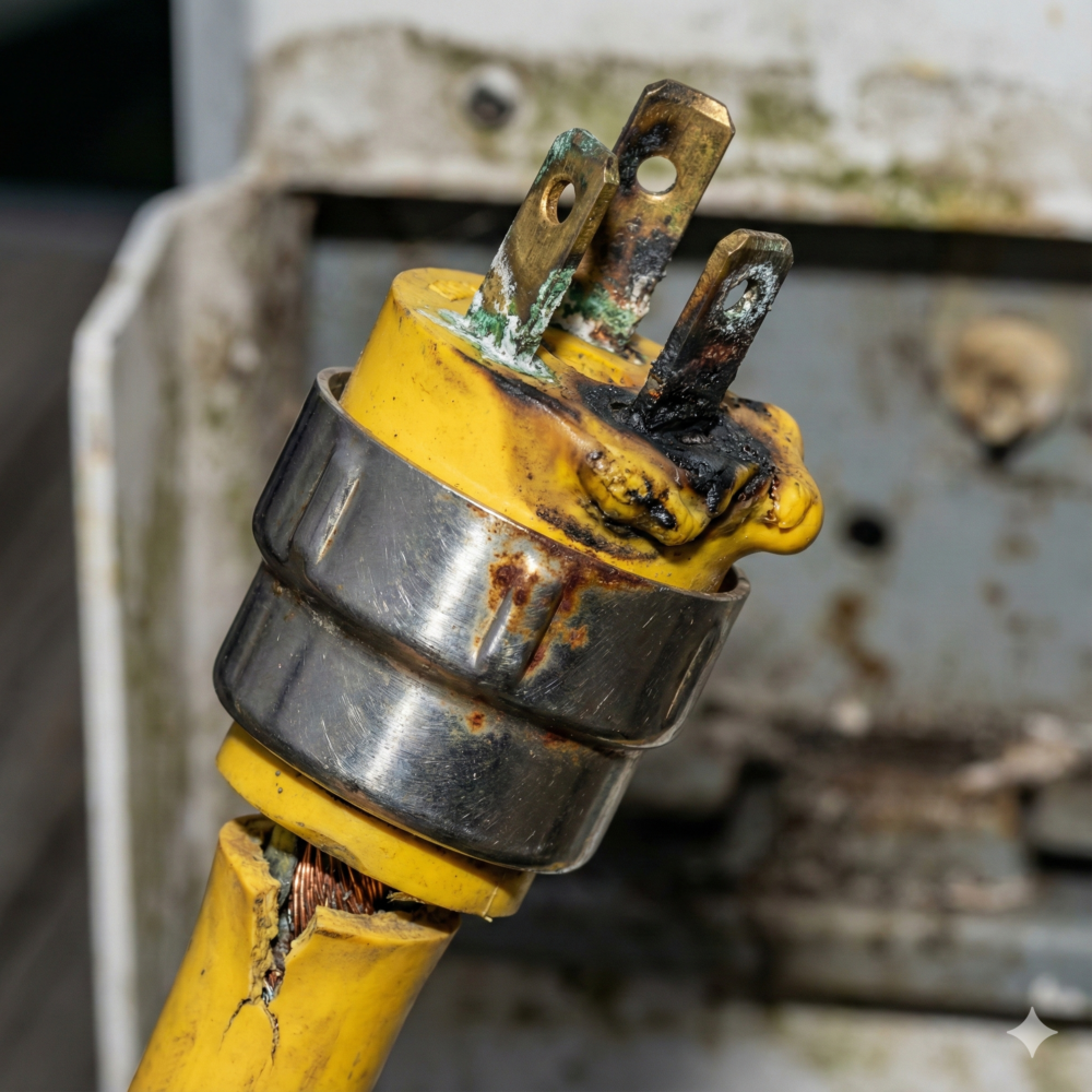 Hazardous marine electrical connector (SS2-50) with significant corrosion and heat damage requiring replacement.