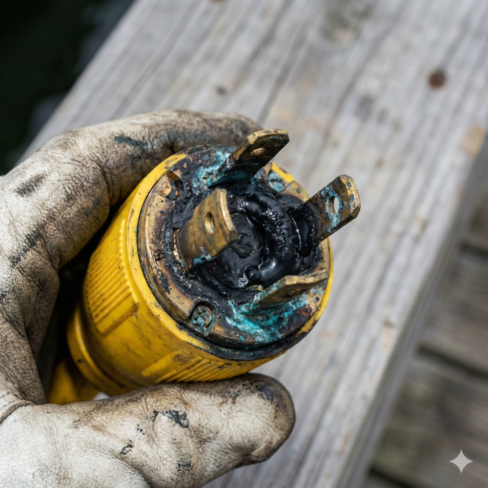 Evidence of electrical arcing and heat damage on a standard marine NEMA L5-30P plug.