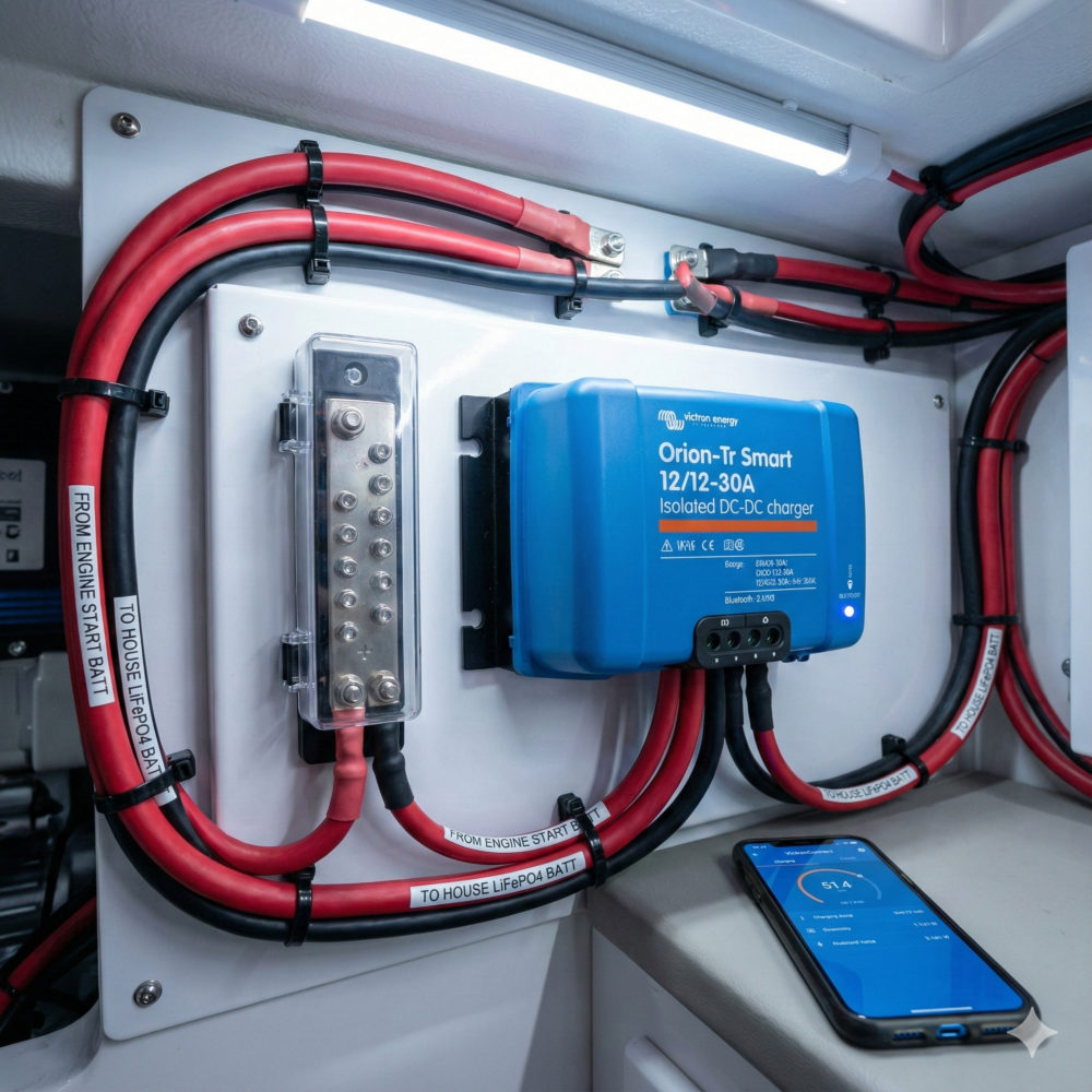 Victron Orion-Tr Smart isolated DC-DC charger installed in a boat engine room to safely charge lithium house batteries from the alternator.