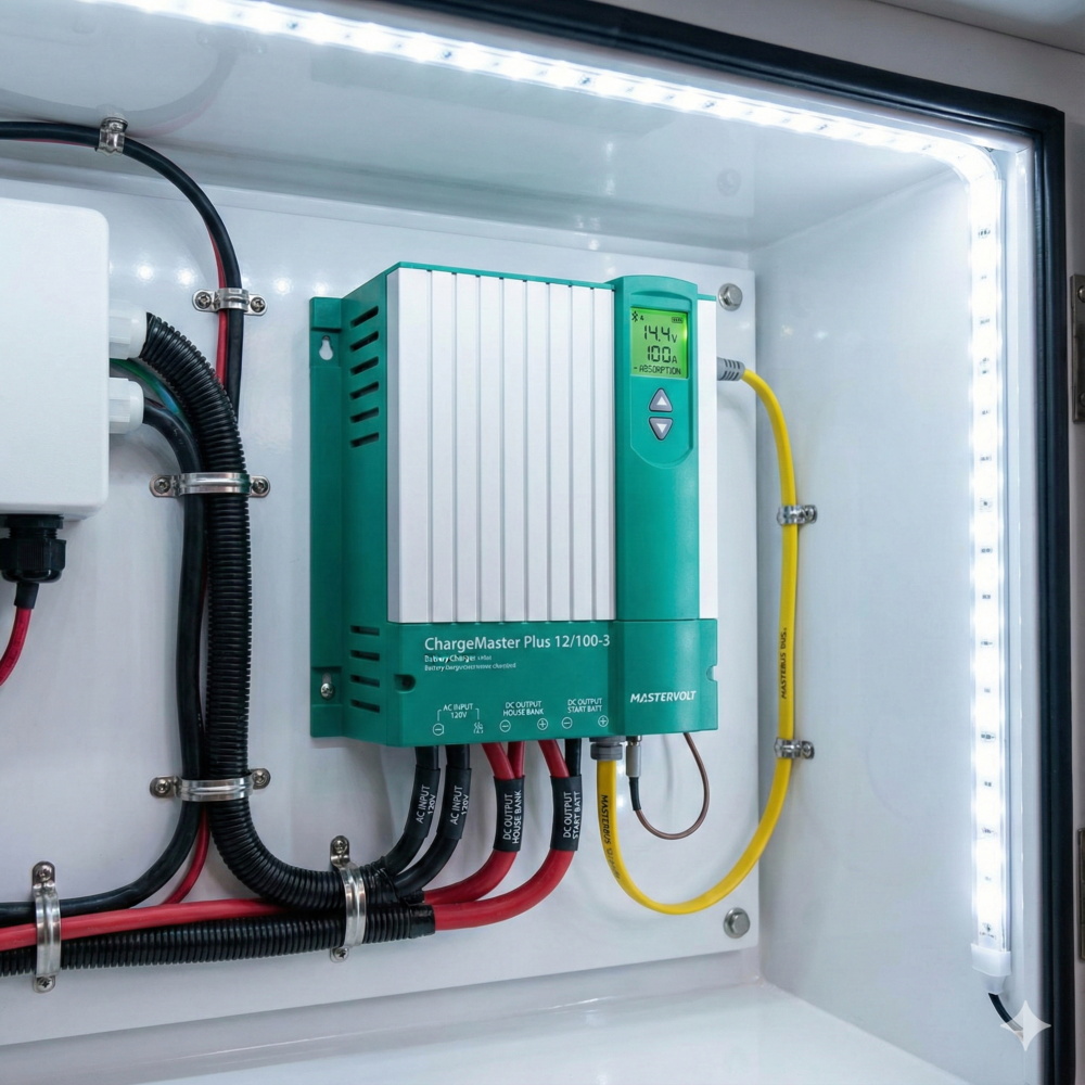 Professional installation of a Mastervolt ChargeMaster Plus marine battery charger, showing neat wiring, labeling, and MasterBus connection for a multi-bank system.