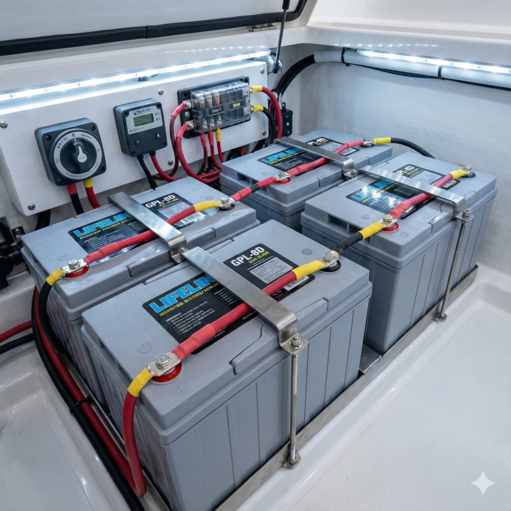 New AGM marine battery bank installation featuring Lifeline 8D batteries, heavy-duty 4/0 AWG cabling, and Blue Sea Systems safety switches.