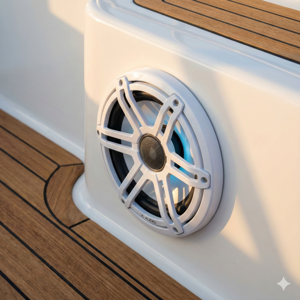 Close-up of a white premium marine speaker flush-mounted in a fiberglass gunnel with teak decking.