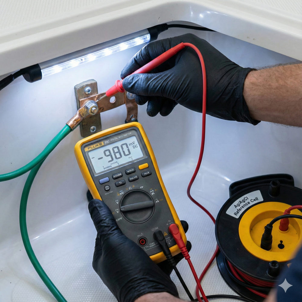 Marine surveyor using a Fluke multimeter and Ag/AgCl silver chloride reference electrode to test hull potential and zinc anode efficiency.