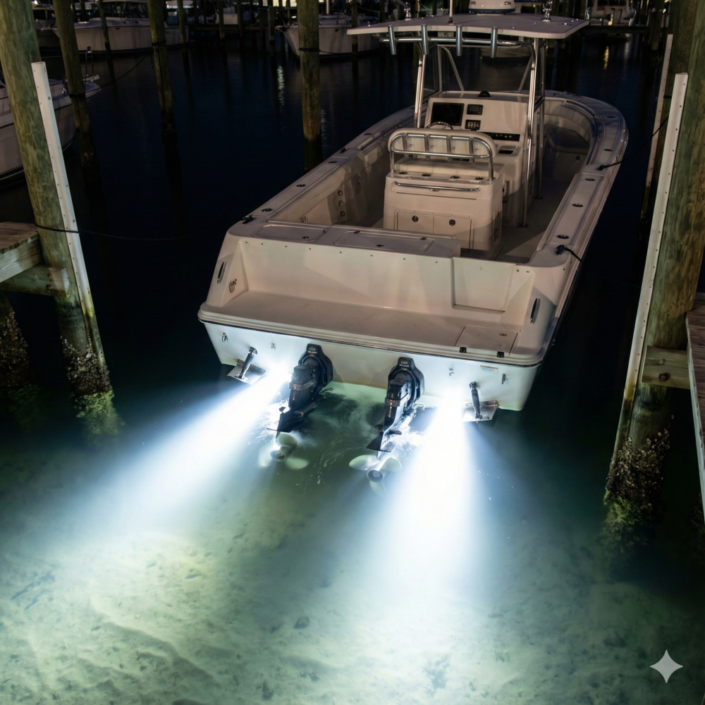 A night shot demonstrating the functional safety benefit of bright white underwater lights, providing clear visibility while a boat reverses into a marina slip.