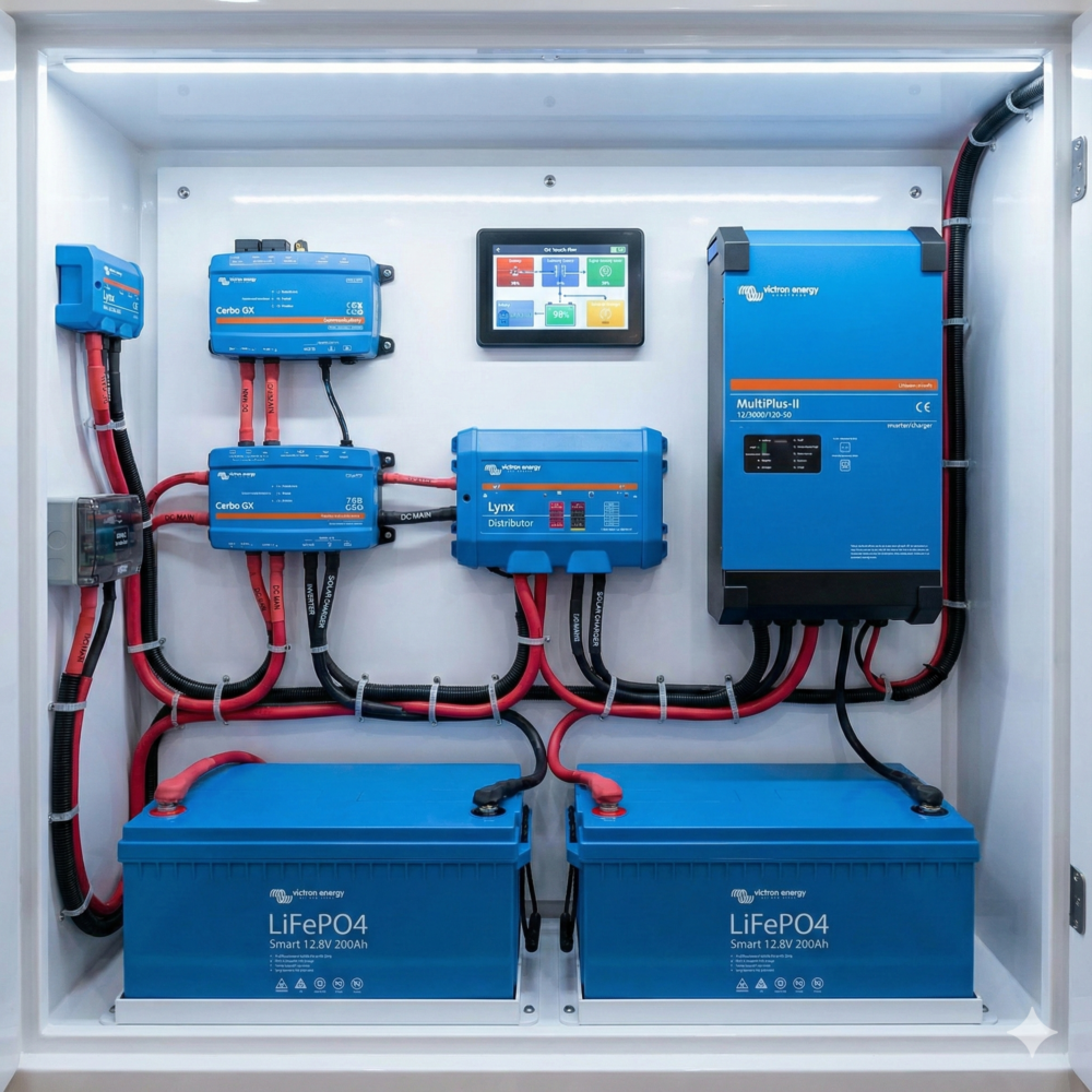 Custom Victron Energy marine power system installation featuring MultiPlus-II inverter/charger, LiFePO4 lithium batteries, and Lynx Distributor.