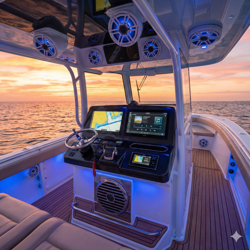 Luxury center console cockpit featuring a complete marine audio upgrade with JL Audio speakers and RGB lighting.
