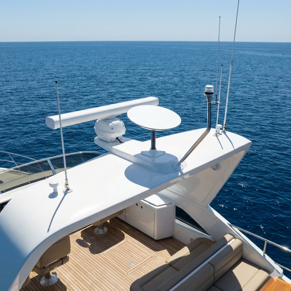 Wide-angle view of a Starlink High-Performance system installed on a yacht radar arch.