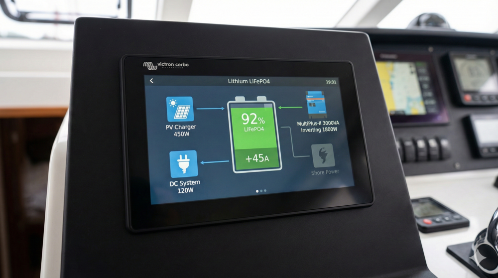 Victron GX Touch 50 display mounted at the helm showing real-time battery status, solar yield, and power consumption via Cerbo GX.
