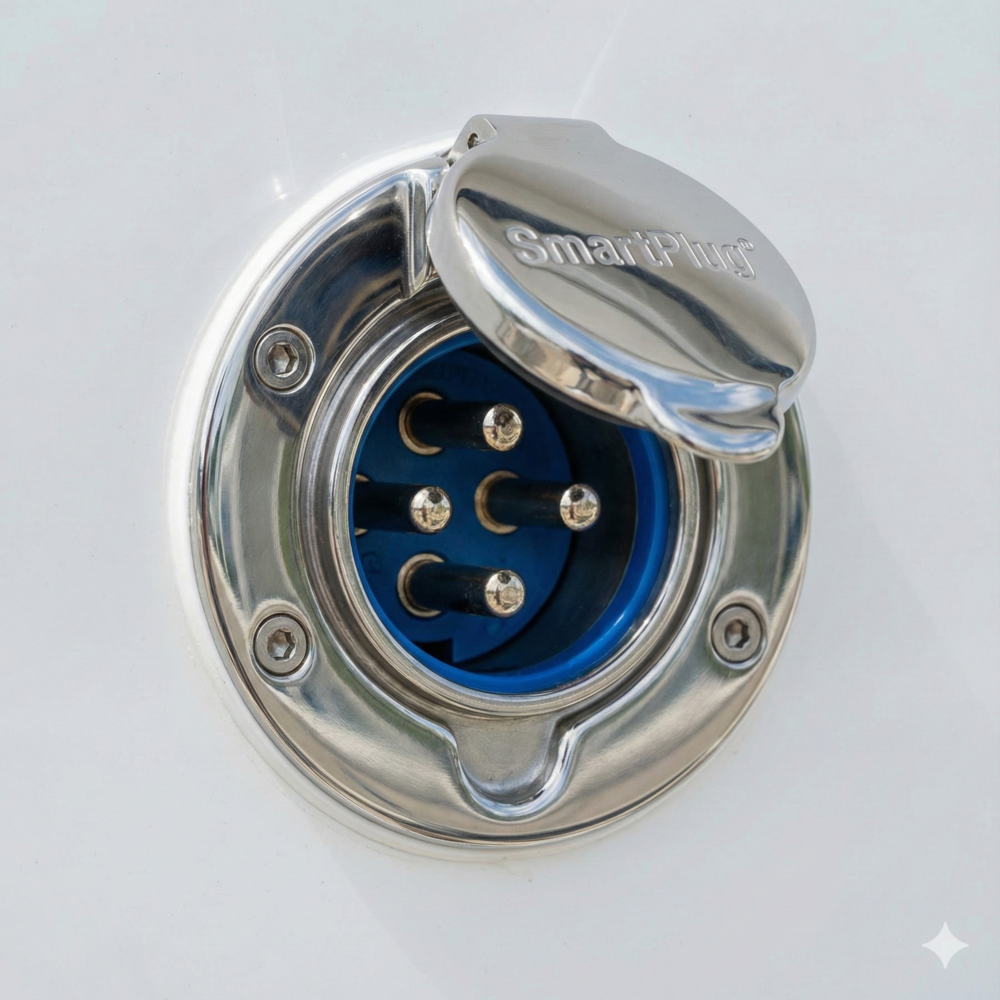 Close-up of a newly installed polished stainless steel SmartPlug shore power inlet on a boat hull.