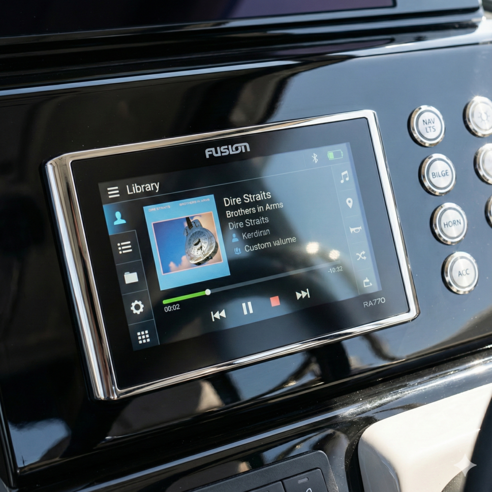 High-tech marine audio source unit displaying music interface on a modern boat helm.