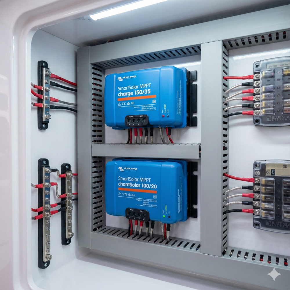 Clean marine wiring showing Victron MPPTs, cable ducting, and Blue Sea Systems fuse blocks.