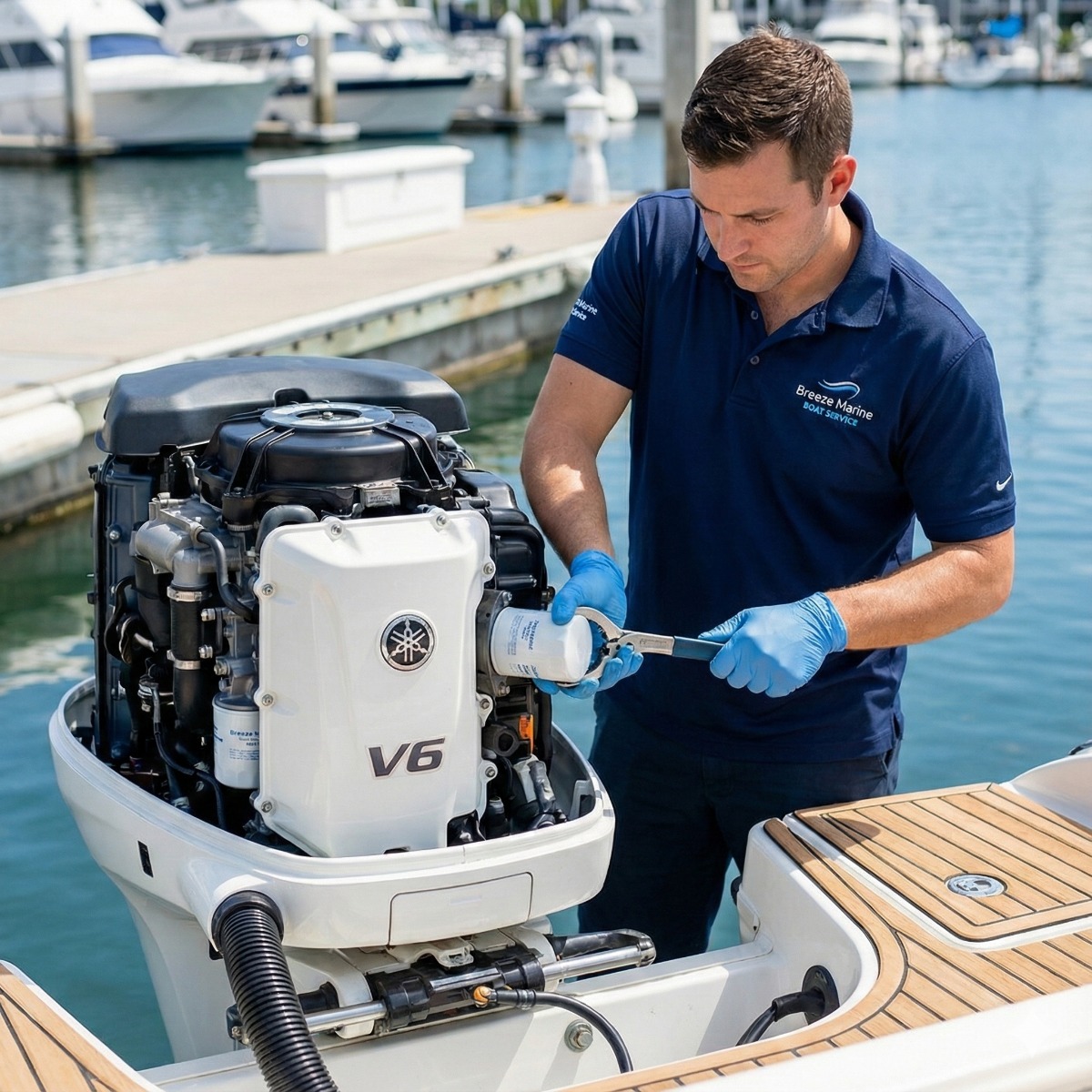 Breeze Marine technician carefully removing an oil filter from a large white Yamaha outboard motor during a routine 100-hour maintenance service.