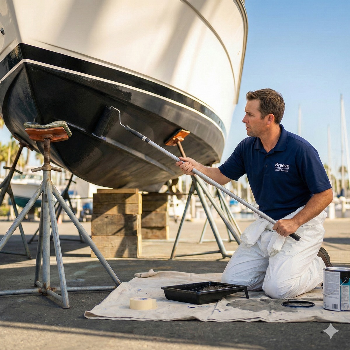 Marine technician wearing a protective suit and respirator rolling black antifouling paint onto the bottom hull of a large white boat supported on jack stands in a boatyard