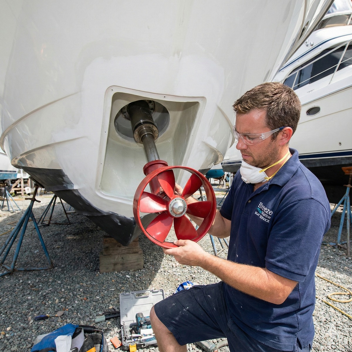 Breeze Marine technician inspecting a newly installed Side-Power bow thruster tunnel in the hull of a white yacht, checking the red 5-blade propeller alignment.