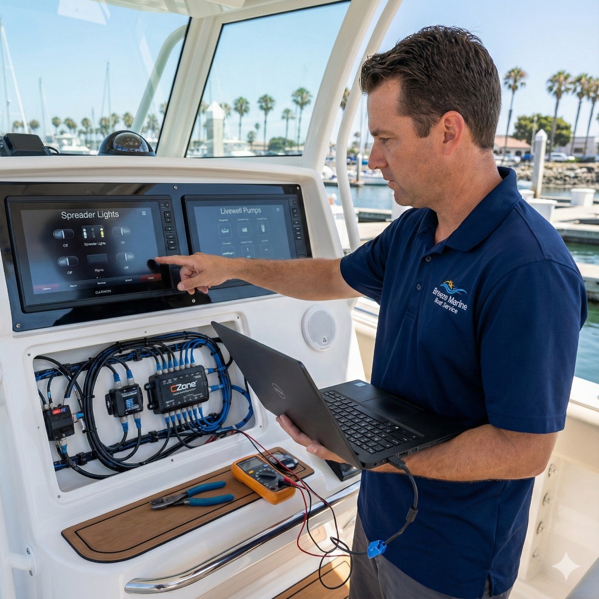 Marine electronics technician configuring a Garmin touchscreen chartplotter that controls a newly installed CZone digital switching system on a luxury center console in Long Beach.