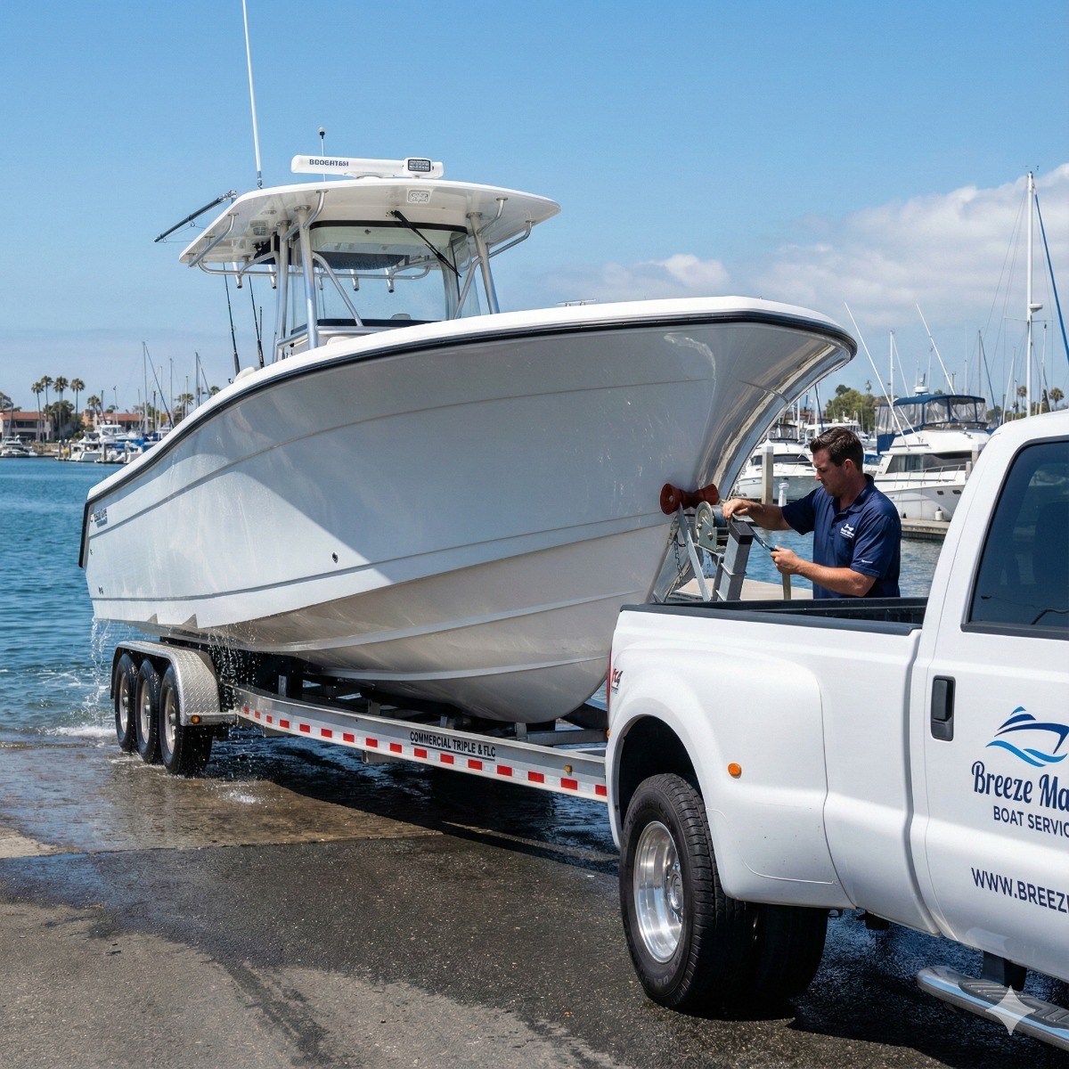 Breeze Marine heavy-duty truck pulling a 30-foot center console boat out of the water