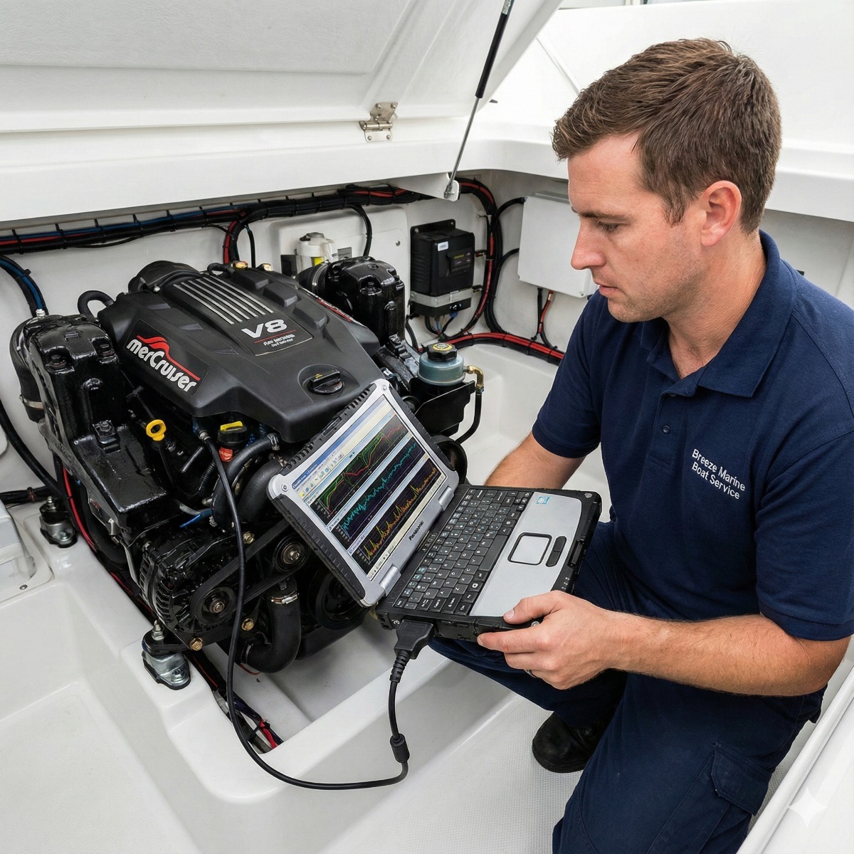 Breeze Marine technician holding a rugged Panasonic Toughbook displaying live engine RPM