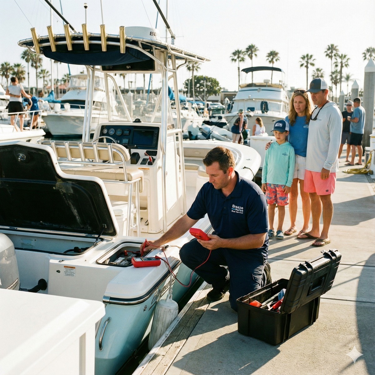 Breeze Marine technician kneeling on a wooden dock