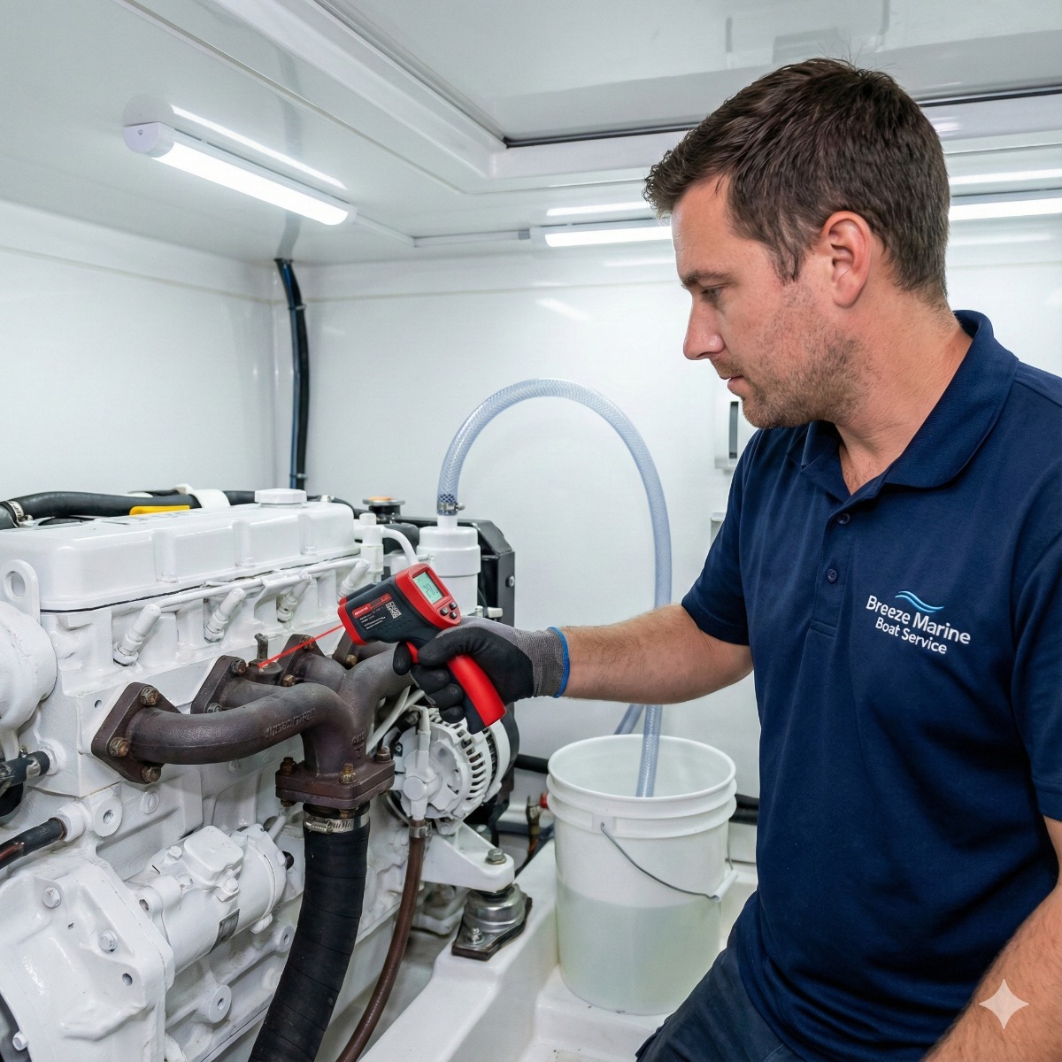 Professional marine technician using a digital infrared thermometer gun to check the temperature