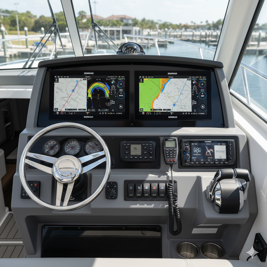 A close-up of a modern boat dashboard featuring dual 12-inch touchscreen chartplotters displaying navigation charts and sonar, glowing softly at twilight.
