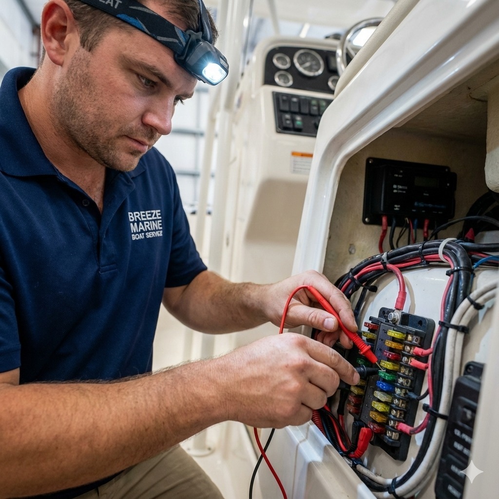 Breeze Marine technician using a digital multimeter to test a 12-volt fuse panel under the helm of a center console boat, checking for blown fuses.