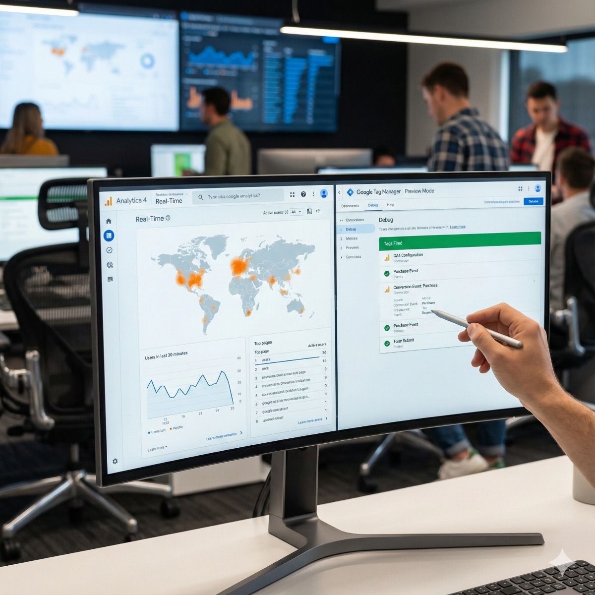A monitor displaying the Google Analytics 4 "Real-Time" dashboard with a map of active users, alongside a Google Tag Manager "Debug" window showing tags firing successfully.