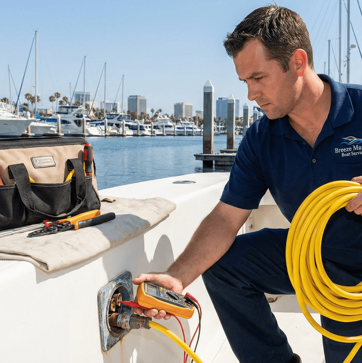 Marine electrician inspecting a corroded shore power inlet and installing a new safety power cord on a yacht in Long Beach marina.
