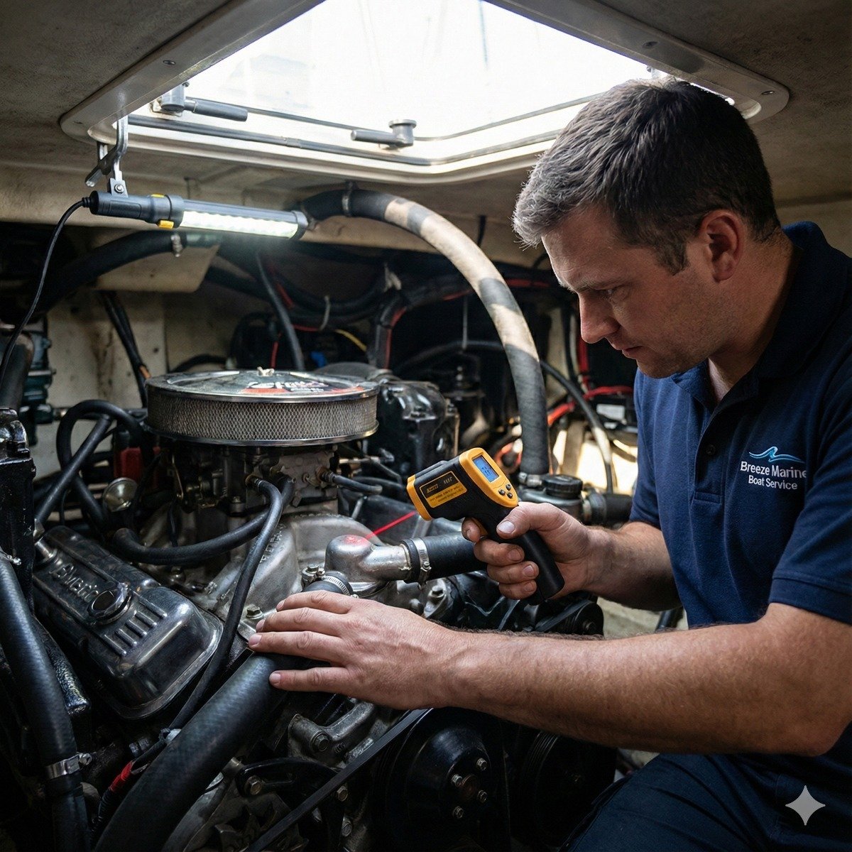 Marine technician using an infrared laser thermometer to check the temperature of a thermostat housing on a running marine engine to diagnose overheating issues.