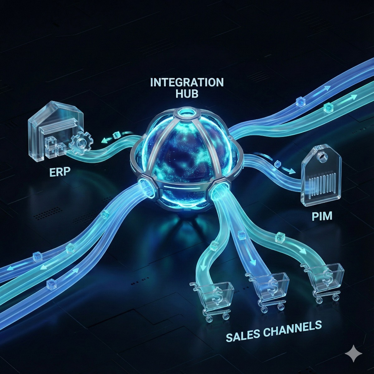 A digital visualization of a central glowing "Core" hub, with data streams connecting it to satellite icons representing Amazon, Shopify, SAP, and a Warehouse, symbolizing unified data.