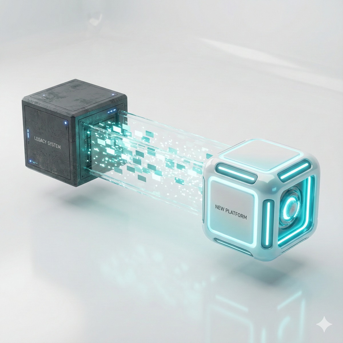 A digital illustration of two servers; a stream of glowing data cubes flows smoothly from a "Legacy" server on the left to a modern "New" server on the right across a secure bridge.