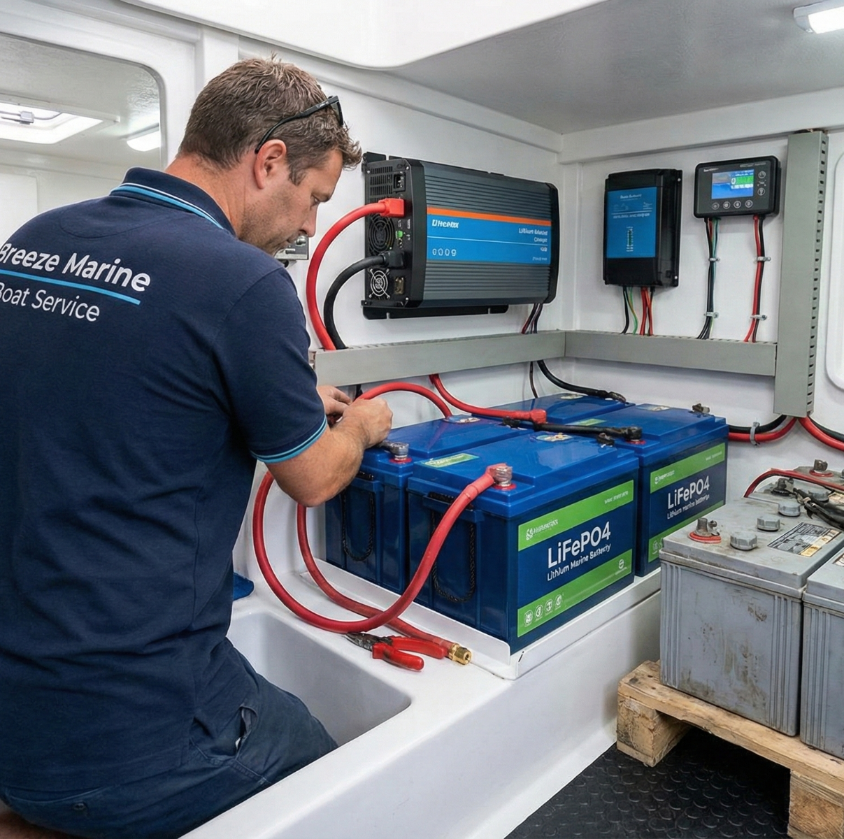 A Breeze Marine Boat Service technician inside a clean boat engine room, connecting heavy gauge red power cables to a new bank of blue LiFePO4 lithium marine batteries. A large inverter charger and digital battery monitor are mounted on the white bulkhead