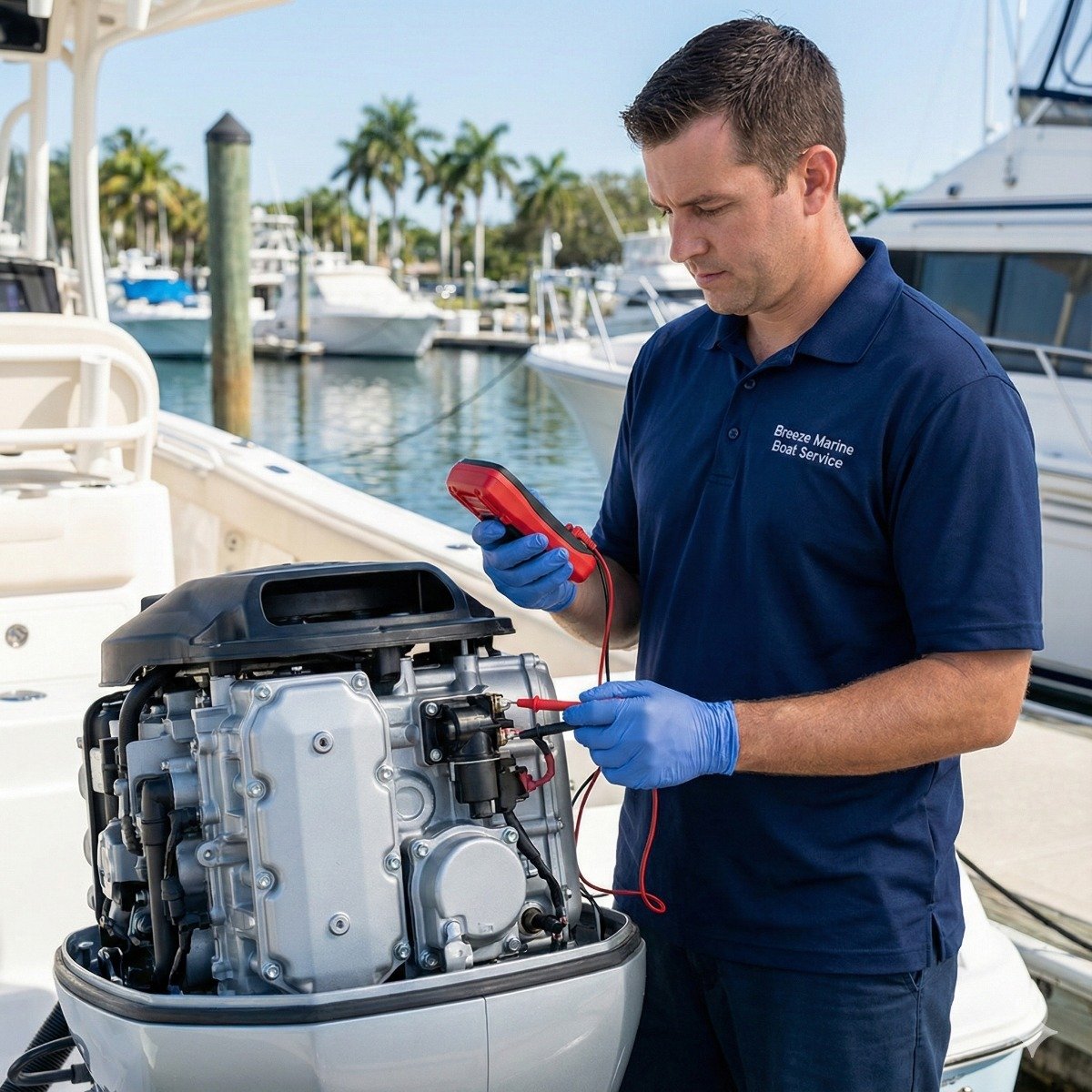 Professional marine technician using a multimeter to test voltage on a starter solenoid mounted on a clean outboard motor engine block.