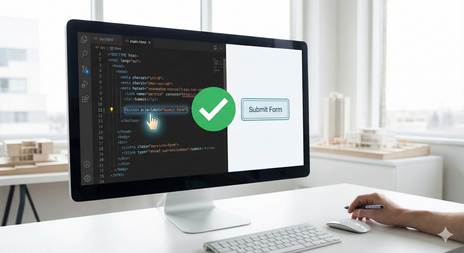 A close-up of a computer screen displaying HTML code with "aria-label" attributes highlighted in green, symbolizing accessible coding practices.
