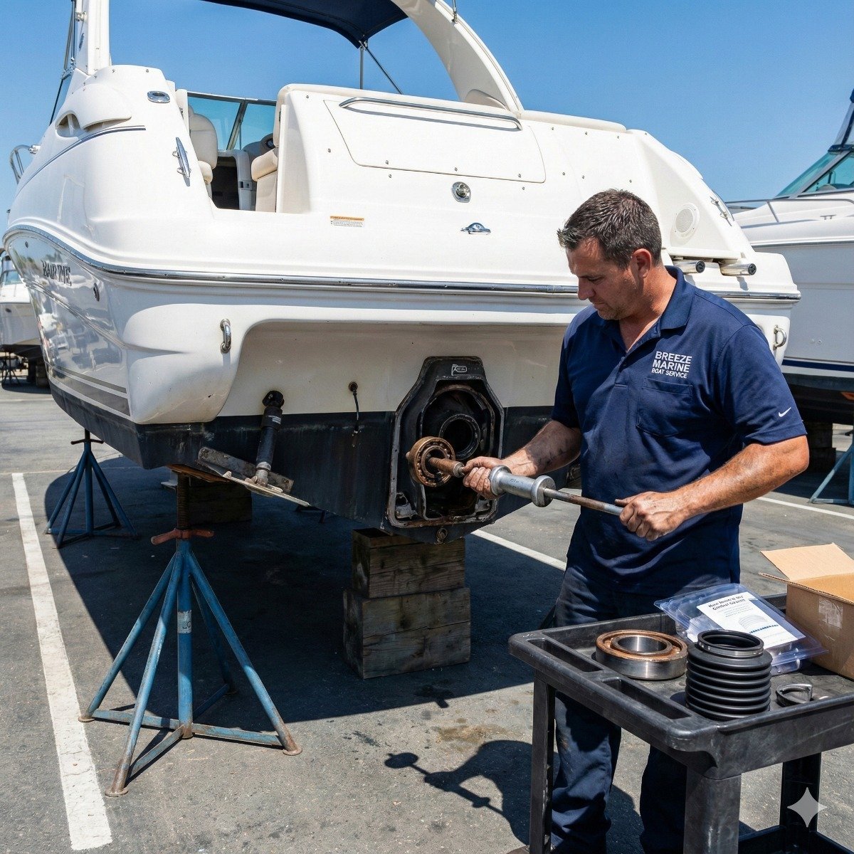 Marine technician working on the transom of a boat on a trailer, reaching into the gimbal housing to replace the U-joint bellows and gimbal bearing after removing the sterndrive.