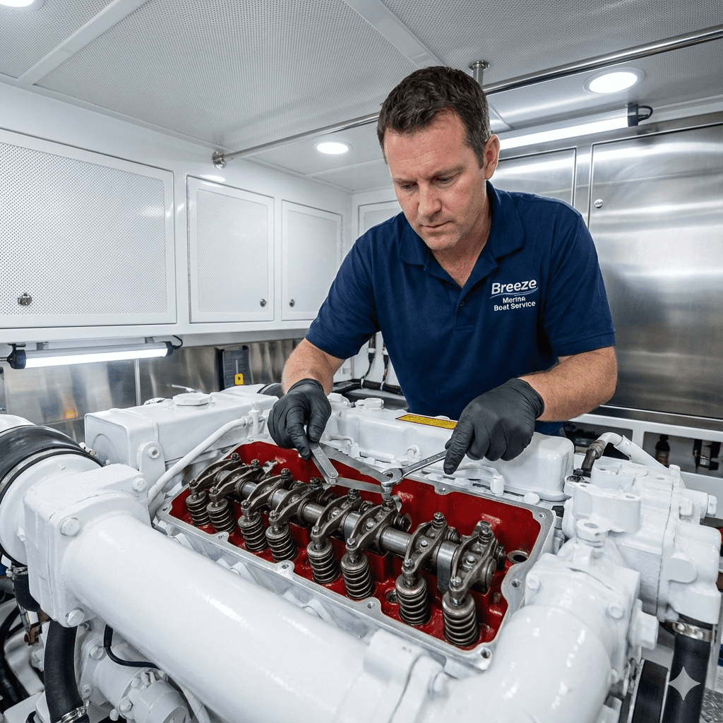 Professional marine diesel mechanic using feeler gauges and wrenches to adjust the valve lash on the rocker arms of a large white marine engine with the valve cover removed.