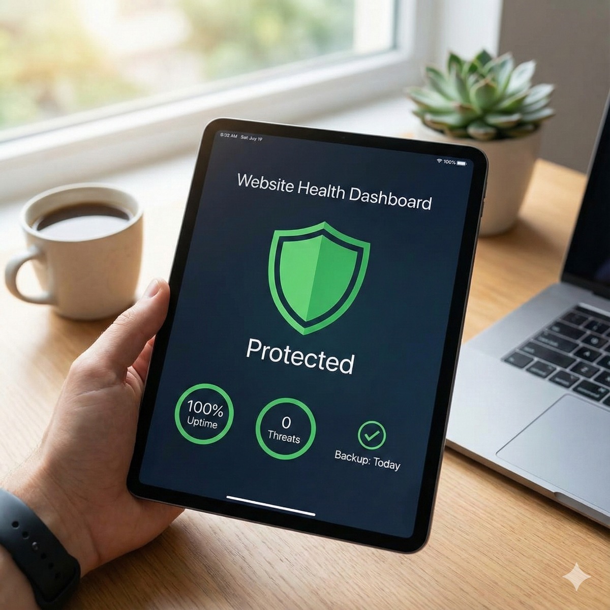 A tablet displaying a "System Health Dashboard" showing 100% Uptime, 0 Threats Detected, and a "Backup Complete" notification in green.
