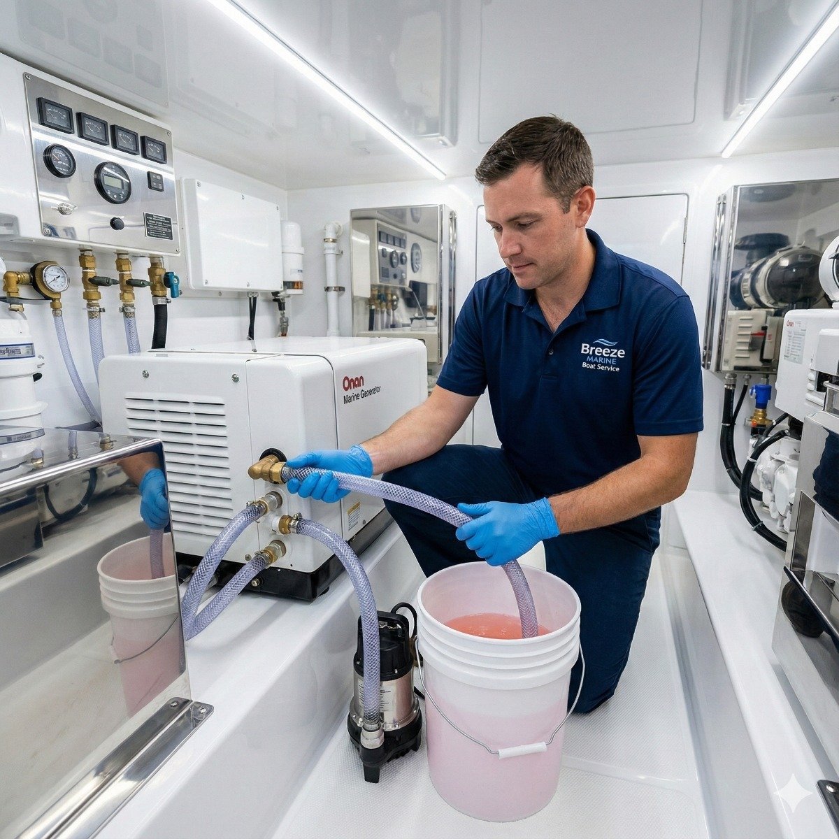 Marine technician connecting clear hoses from a descaling pump system to the raw water intake of a white Onan marine generator in a clean engine room.